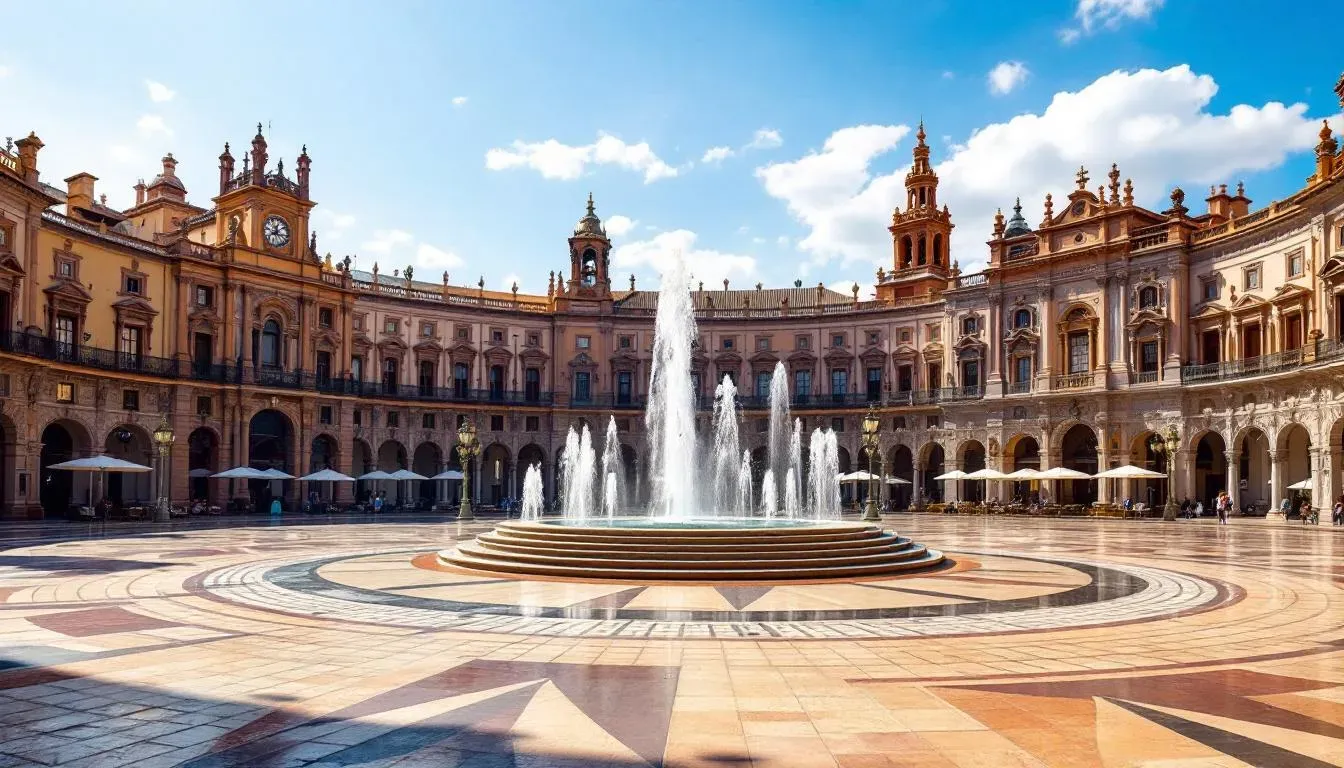 Filming in Seville with Plaza de España view